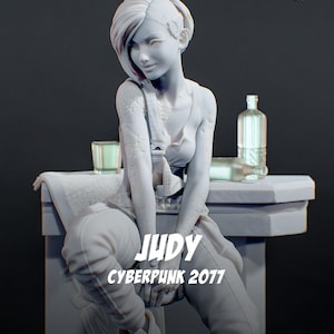 May include: A light gray resin figurine of a character with short hair, wearing a tank top and pants, featuring intricate arm tattoos. The figure sits on a ledge with a glass and bottle nearby. Text on the image reads JUDY CYBERPUNK 2077.
