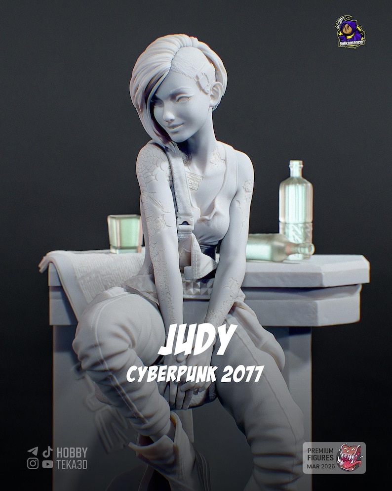 May include: A light gray resin figurine of a character with short hair, wearing a tank top and pants, featuring intricate arm tattoos. The figure sits on a ledge with a glass and bottle nearby. Text on the image reads JUDY CYBERPUNK 2077.
