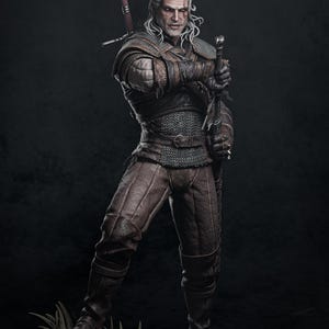 May include: A detailed figurine of a white-haired warrior with a scarred face, wearing brown leather armor, chainmail, and tall boots. The figure holds a long sword in one hand, with another sword strapped to the back, standing on a base with mushrooms.