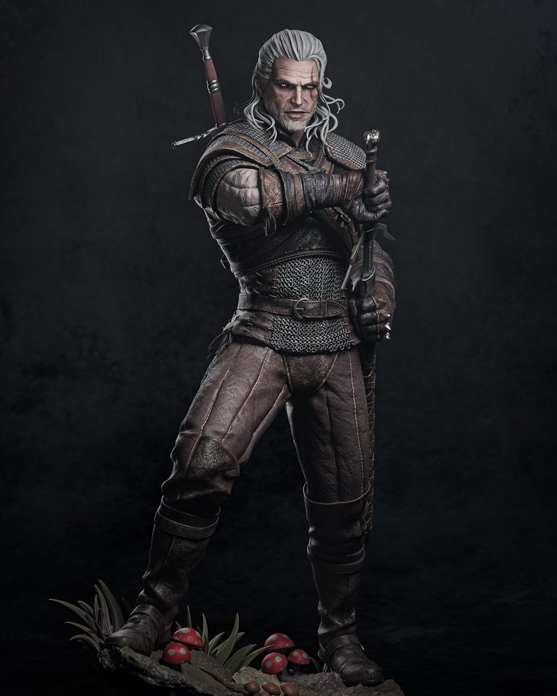 May include: A detailed figurine of a white-haired warrior with a scarred face, wearing brown leather armor, chainmail, and tall boots. The figure holds a long sword in one hand, with another sword strapped to the back, standing on a base with mushrooms.