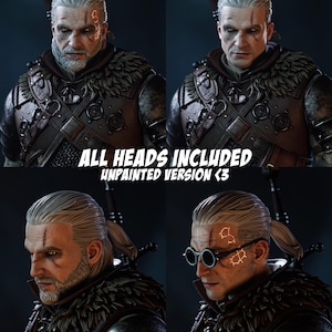 Puede incluir: Una figura de guerrero con cabello blanco y m&uacute;ltiples cabezas intercambiables, incluyendo una con barba, una afeitada y otra con gafas redondas. La figura viste una armadura oscura con borde de piel. El texto dice ALL HEADS INCLUDED UNPAINTED VERSION <3.