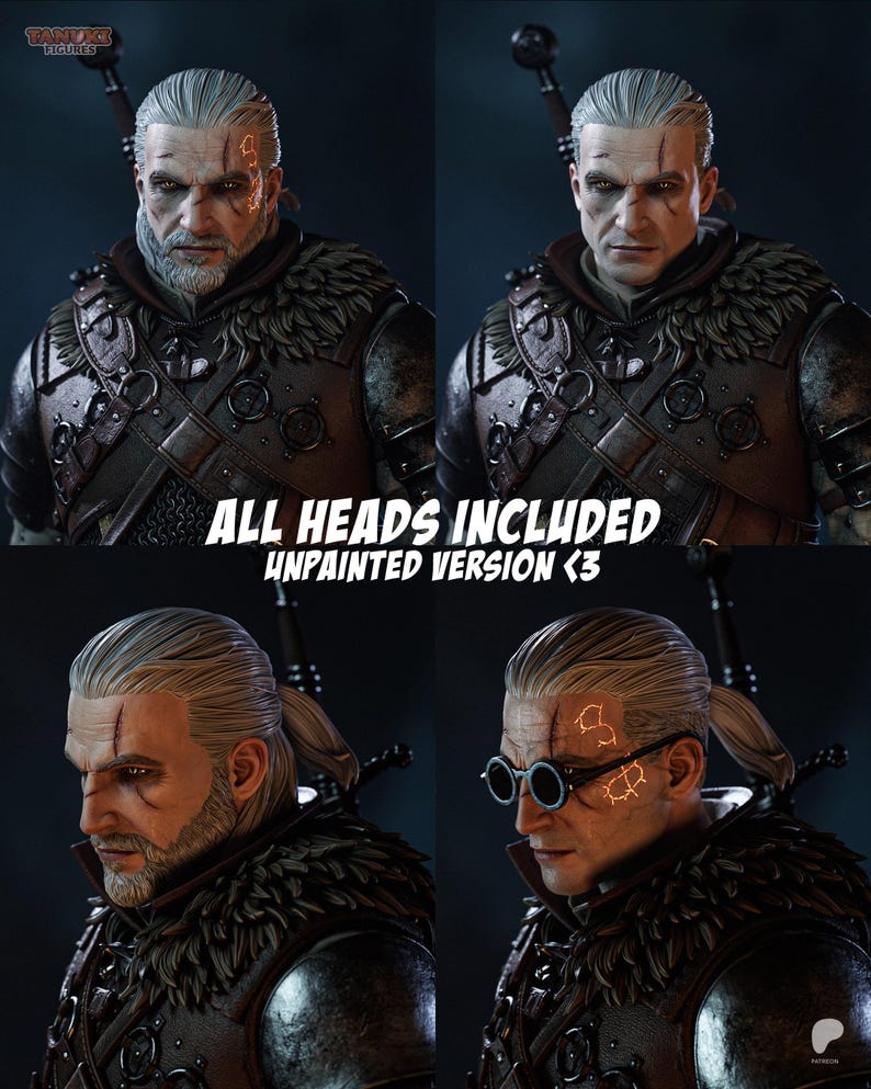 Puede incluir: Una figura de guerrero con cabello blanco y m&uacute;ltiples cabezas intercambiables, incluyendo una con barba, una afeitada y otra con gafas redondas. La figura viste una armadura oscura con borde de piel. El texto dice ALL HEADS INCLUDED UNPAINTED VERSION <3.