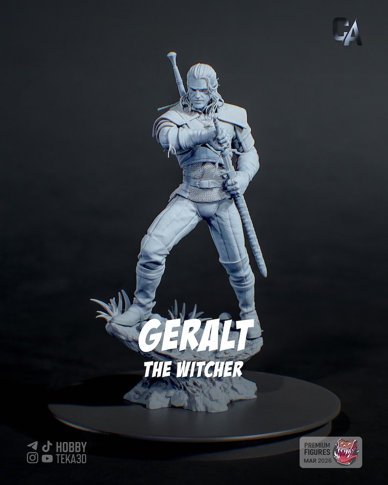 May include: A light gray resin figurine of a warrior standing on a rocky base, holding a long sword with both hands. The figure wears textured armor and has long hair. The text GERALT THE WITCHER is printed in white across the front of the base.