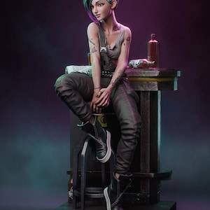 May include: A stylized 3D figurine of a person with short teal and black hair, wearing a grey tank top, dark grey overalls, and black high-top sneakers. The figure features visible arm tattoos, sits on a stool, and includes text PATREON.COM/BULKAMANCER.
