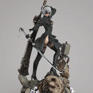 Hand Painted Gothic Android Swordswoman Resin Statue – 1/8 and 1/6 Scale – Anime Style Figure with Robot Companion
