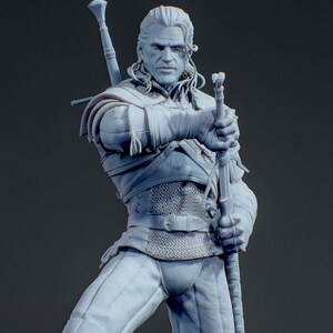 May include: A light gray resin figurine of a long-haired warrior with a scarred face, wearing a chainmail tunic and leather-textured trousers. The figure holds a long sword with both hands and has a second sword strapped to the back. Text reads HOBBY TEKA3D.