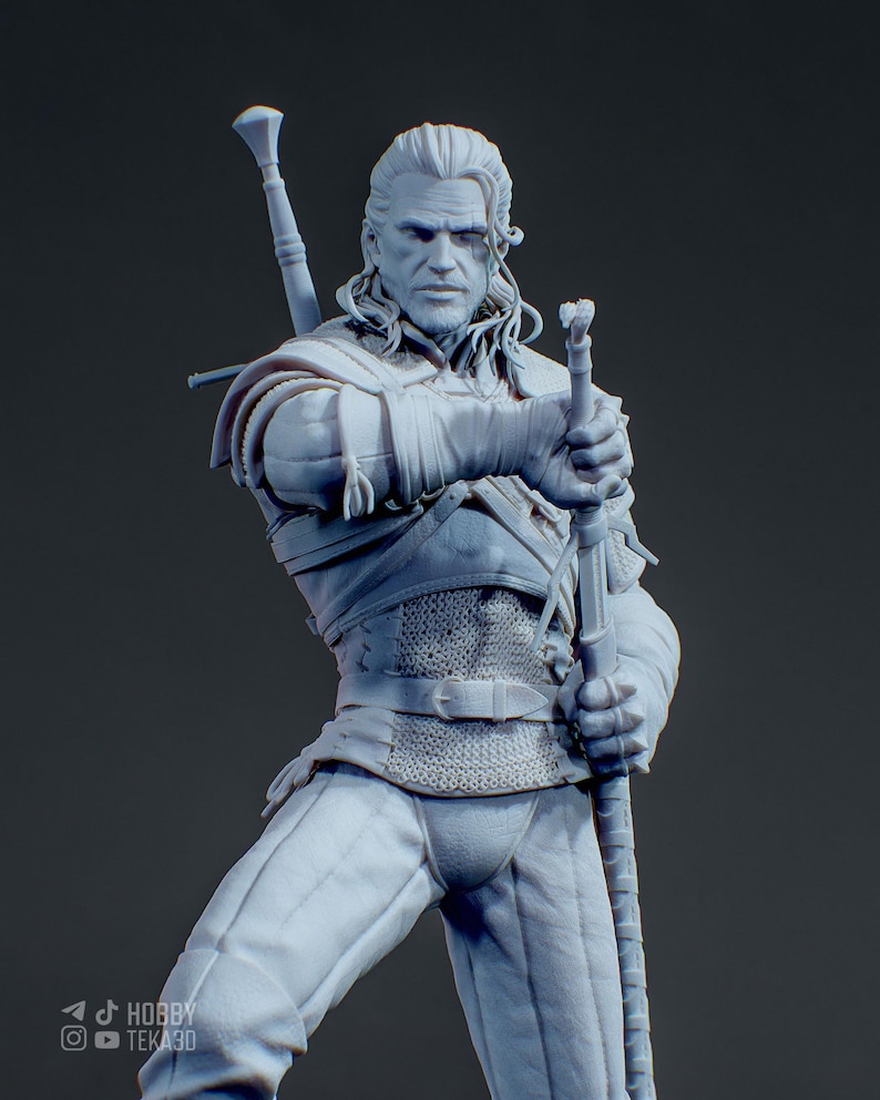 May include: A light gray resin figurine of a long-haired warrior with a scarred face, wearing a chainmail tunic and leather-textured trousers. The figure holds a long sword with both hands and has a second sword strapped to the back. Text reads HOBBY TEKA3D.