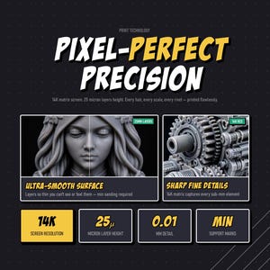 Puede incluir: Un gr&aacute;fico informativo negro titulado PIXEL-PERFECT PRECISION con resoluci&oacute;n de pantalla 14K, altura de capa de 25 micras y detalle de 0,01 mm. Muestra un busto femenino gris y engranajes mec&aacute;nicos con superficies ultra suaves y detalles finos.
