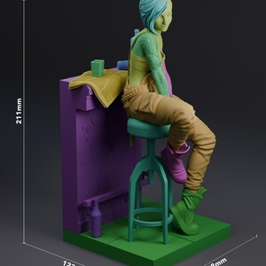 May include: A 3D printed figurine of a person with teal hair and a green arm tattoo, sitting on a teal stool. The figure wears tan pants and boots. The base is green, featuring a purple wall, a newspaper, and bottles. Dimensions are 211mm by 123mm by 108mm.