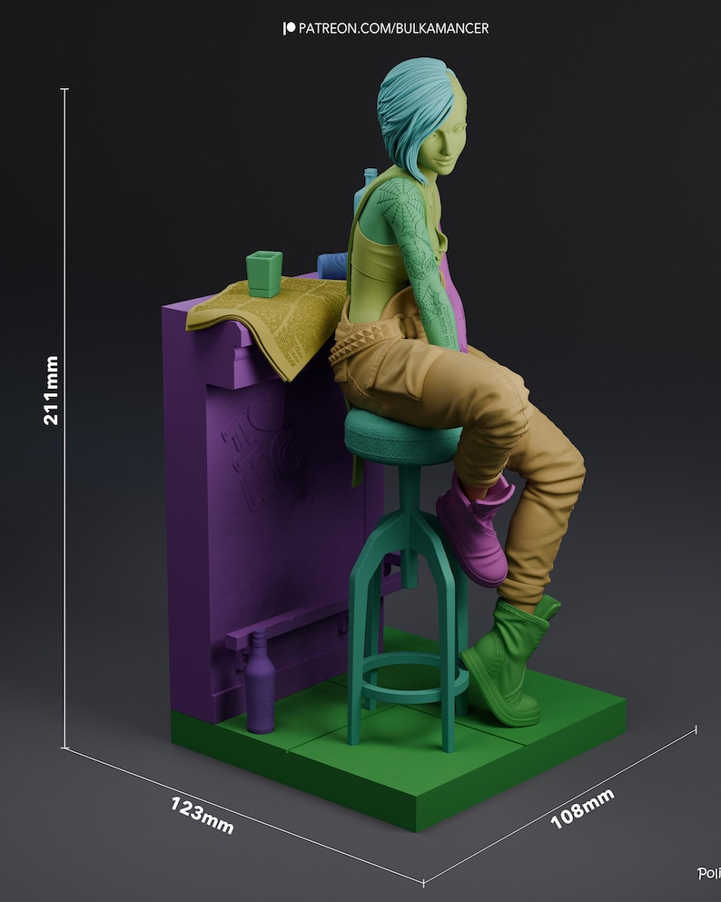 May include: A 3D printed figurine of a person with teal hair and a green arm tattoo, sitting on a teal stool. The figure wears tan pants and boots. The base is green, featuring a purple wall, a newspaper, and bottles. Dimensions are 211mm by 123mm by 108mm.