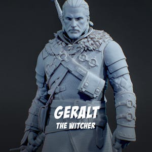 Puede incluir: Una figura monocrom&aacute;tica de color gris claro de un guerrero con cabello largo, barba y una t&uacute;nica con cuello de piel. El personaje lleva una armadura superpuesta, brazaletes y una espada en la espalda. El texto dice GERALT THE WITCHER.
