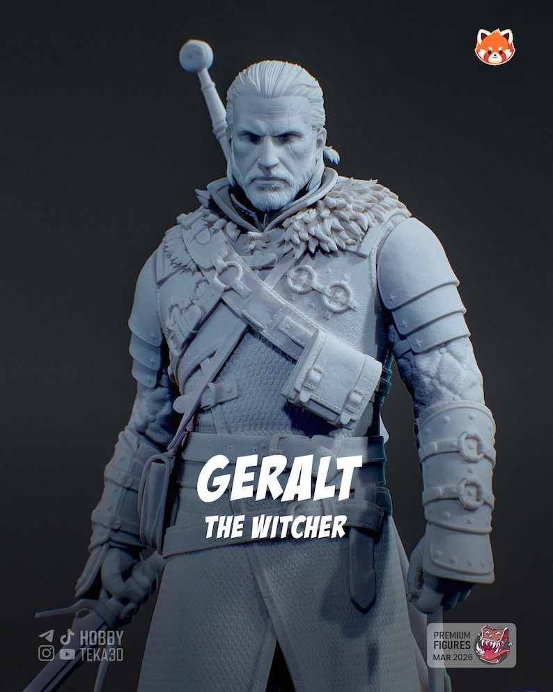 Puede incluir: Una figura monocrom&aacute;tica de color gris claro de un guerrero con cabello largo, barba y una t&uacute;nica con cuello de piel. El personaje lleva una armadura superpuesta, brazaletes y una espada en la espalda. El texto dice GERALT THE WITCHER.