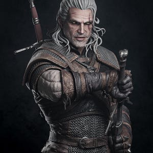 May include: A detailed figurine of a warrior with long white hair, a facial scar, and yellow eyes. The figure wears brown leather armor over chainmail, with a sword strapped to the back and another held in hand, featuring intricate metal details.