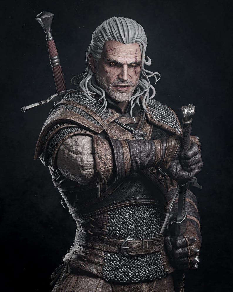 May include: A detailed figurine of a warrior with long white hair, a facial scar, and yellow eyes. The figure wears brown leather armor over chainmail, with a sword strapped to the back and another held in hand, featuring intricate metal details.