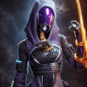 May include: A futuristic character wearing a purple hooded suit with intricate swirl patterns, a dark hexagonal chest plate, and a smooth purple visor. The character holds a glowing orange energy blade, with the text PATREON.COM/BULKAMANCER visible.