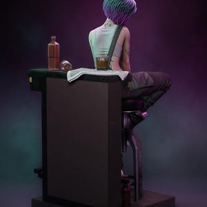 May include: A 3D figurine of a person with short purple and teal hair, wearing a white tank top and dark pants, sitting on a stool at a bar counter. The counter holds a glass, a bottle, and a newspaper. Text at the top reads PATREON.COM/BULKAMANCER.