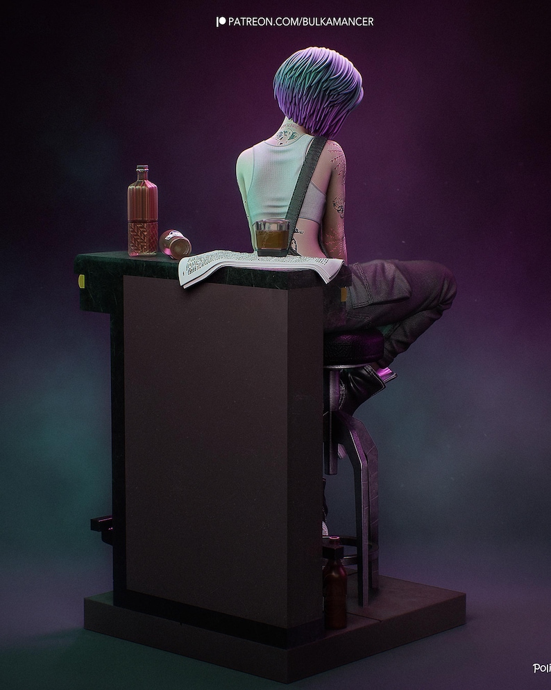 May include: A 3D figurine of a person with short purple and teal hair, wearing a white tank top and dark pants, sitting on a stool at a bar counter. The counter holds a glass, a bottle, and a newspaper. Text at the top reads PATREON.COM/BULKAMANCER.