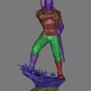 May include: A 3D digital model of a warrior figure standing on a rocky base with small mushrooms. The figure has purple skin, green pants, a brown chest piece, and one purple and one red boot. A long sword is held in one hand and another on the back.