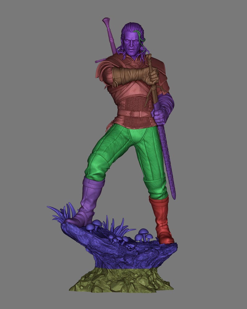 May include: A 3D digital model of a warrior figure standing on a rocky base with small mushrooms. The figure has purple skin, green pants, a brown chest piece, and one purple and one red boot. A long sword is held in one hand and another on the back.