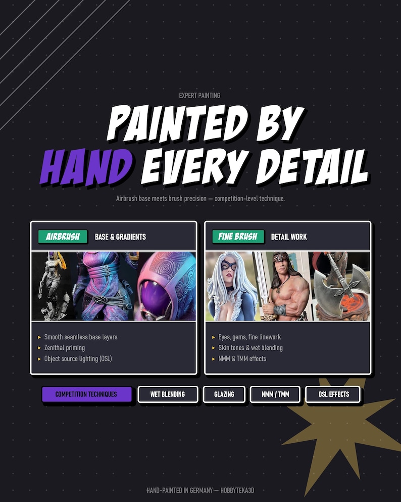 May include: A graphic display titled PAINTED BY HAND EVERY DETAIL featuring two sections. The airbrush section shows miniature figures with gradients and OSL. The fine brush section shows detailed figures with skin tones and NMM effects.