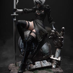 Hand Painted Gothic Android Swordswoman Resin Statue – 1/8 and 1/6 Scale – Anime Style Figure on Robot Base