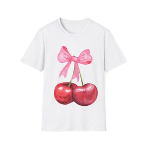 Cute Cherry Bow Unisex T-Shirt, Summer Fashion Tee, Fruit Lover Gift, Retro Graphic Shirt, Cute Aesthetic Apparel