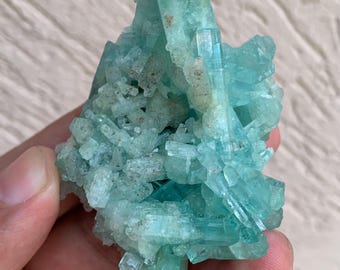 May include: A cluster of raw, light blue-green aquamarine crystals with a translucent, prismatic structure. The mineral specimen features multiple sharp, elongated points and jagged edges with small patches of earthy, tan-colored mineral inclusions.