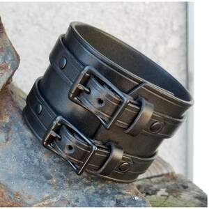 Black and Brown Leather Cuff Bracelet, Double Buckle Wristband, Handmade Vegetable Tanned, 5 Sizes