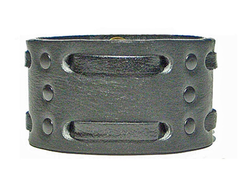 Custom Mens Leather Bracelet 2 Black Snaps BLACK Leather Wristband 1.75 Wide Leather Cuff Bracelet for Women Double Weave Wrist Band