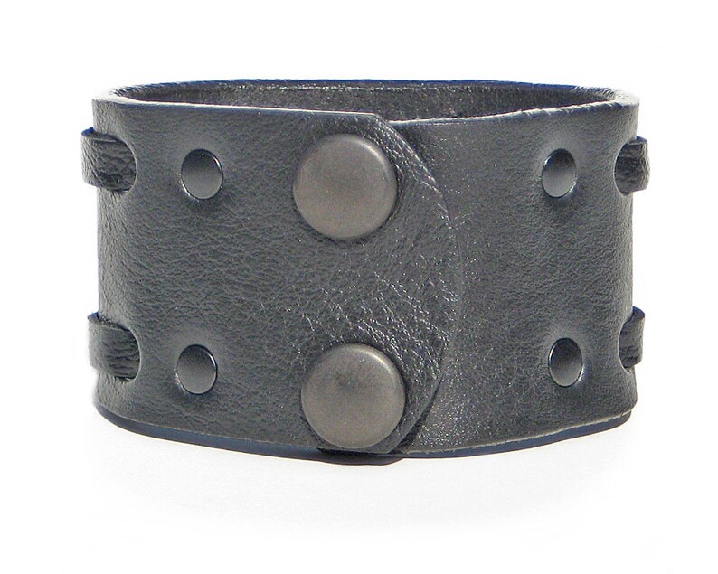Custom Mens Leather Bracelet 2 Black Snaps BLACK Leather Wristband 1.75 Wide Leather Cuff Bracelet for Women Double Weave Wrist Band