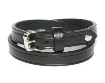 BLACK Leather Double WRAP Bracelet with Buckle, 1/2" Wide