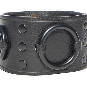 BLACK Leather Wristband, 1.75" Wide, BLACK RINGS, Black Snaps