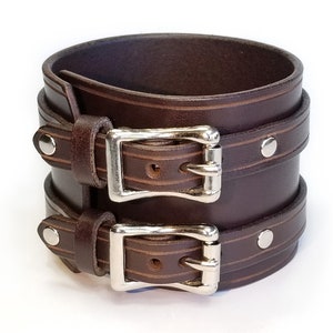 2 1/4" Leather Wristband with Two Buckles BROWN, BLACK or Crazy Horse TAN, Silver or Black Buckles