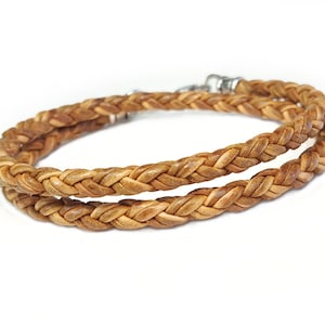 Skinny TAN Braided Leather DOUBLE WRAP Bracelet with Sterling Silver