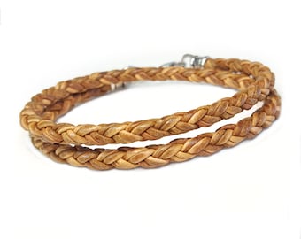 Skinny TAN Braided Leather DOUBLE WRAP Bracelet with Sterling Silver