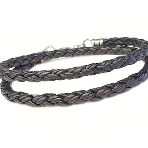 Skinny BLACK Braided Leather DOUBLE WRAP Bracelet with Sterling Silver
