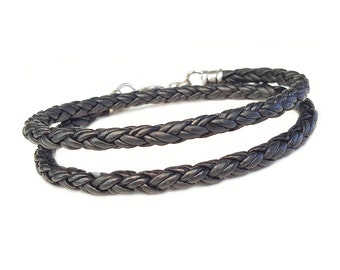 Skinny BLACK Braided Leather DOUBLE WRAP Bracelet with Sterling Silver