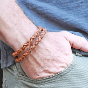TAN Braided Leather Rope DOUBLE WRAP Bracelet with Sterling Silver