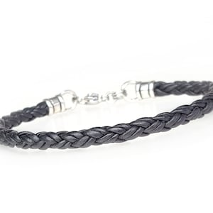 Skinny BLACK Braided Leather and Silver Bracelet