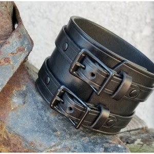 Wide Leather Double Buckle Cuff, BLACK or BROWN Wristband