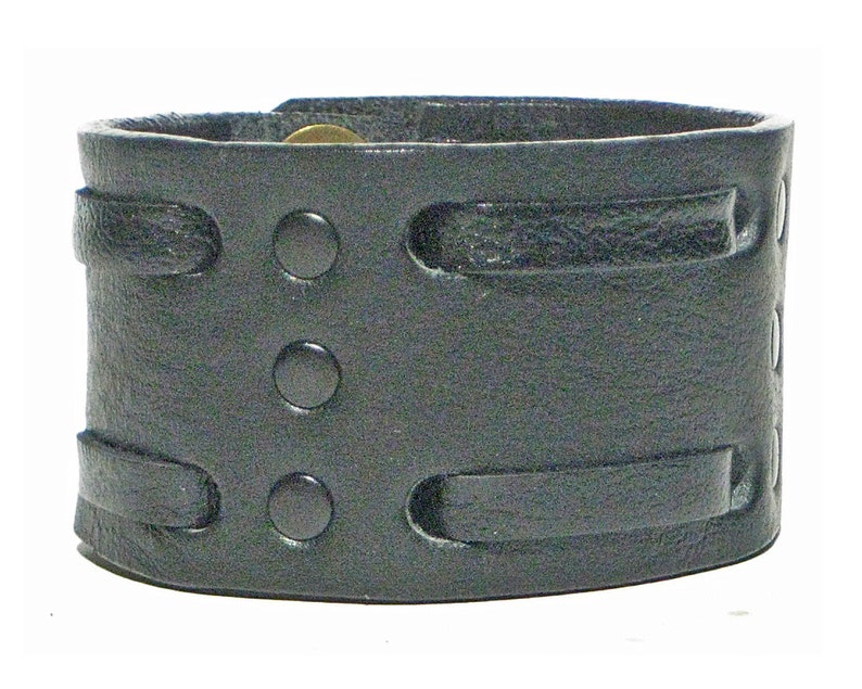 Custom Mens Leather Bracelet 2 Black Snaps BLACK Leather Wristband 1.75 Wide Leather Cuff Bracelet for Women Double Weave Wrist Band