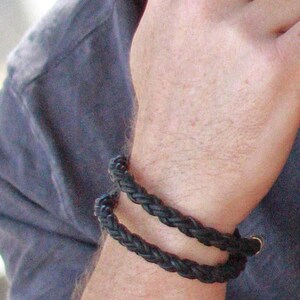 BLACK Braided Leather Rope DOUBLE WRAP Bracelet with Sterling Silver