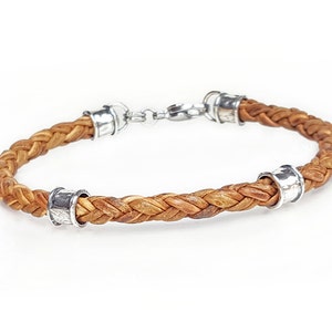 TAN Braided Leather Bracelet with Sterling Silver Beads
