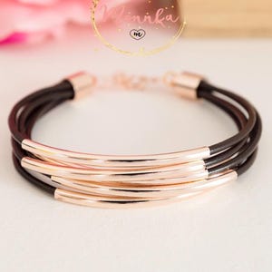Tube Bracelet, Brown Leather Cuff, Multi-Strand Rose Gold Tube Bangle, Wrap Bracelet, Handmade Leather Jewelry, Boho Chic Bracelet