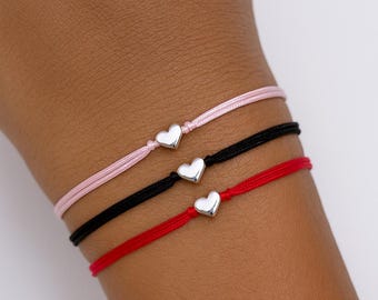 925 Sterling Silver Heart Bracelet – Adjustable Minimalist Friendship & Wish Bracelet, Matching Cord Jewelry