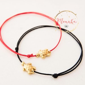 Può includere: Due delicati braccialetti con ciondoli a forma di tartaruga. Uno ha un cordino rosso, l'altro un cordino nero. Entrambi hanno ciondoli a forma di tartaruga dorata e sono annodati per la regolazione. L'immagine include il testo "Monika".