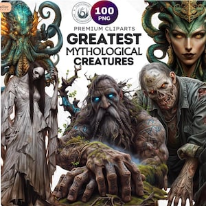100 största mytologiska varelser, mytologigrafik, kusliga monster, mörk fantasy-clipart, gotisk konst PNG, sublimeringsdesign