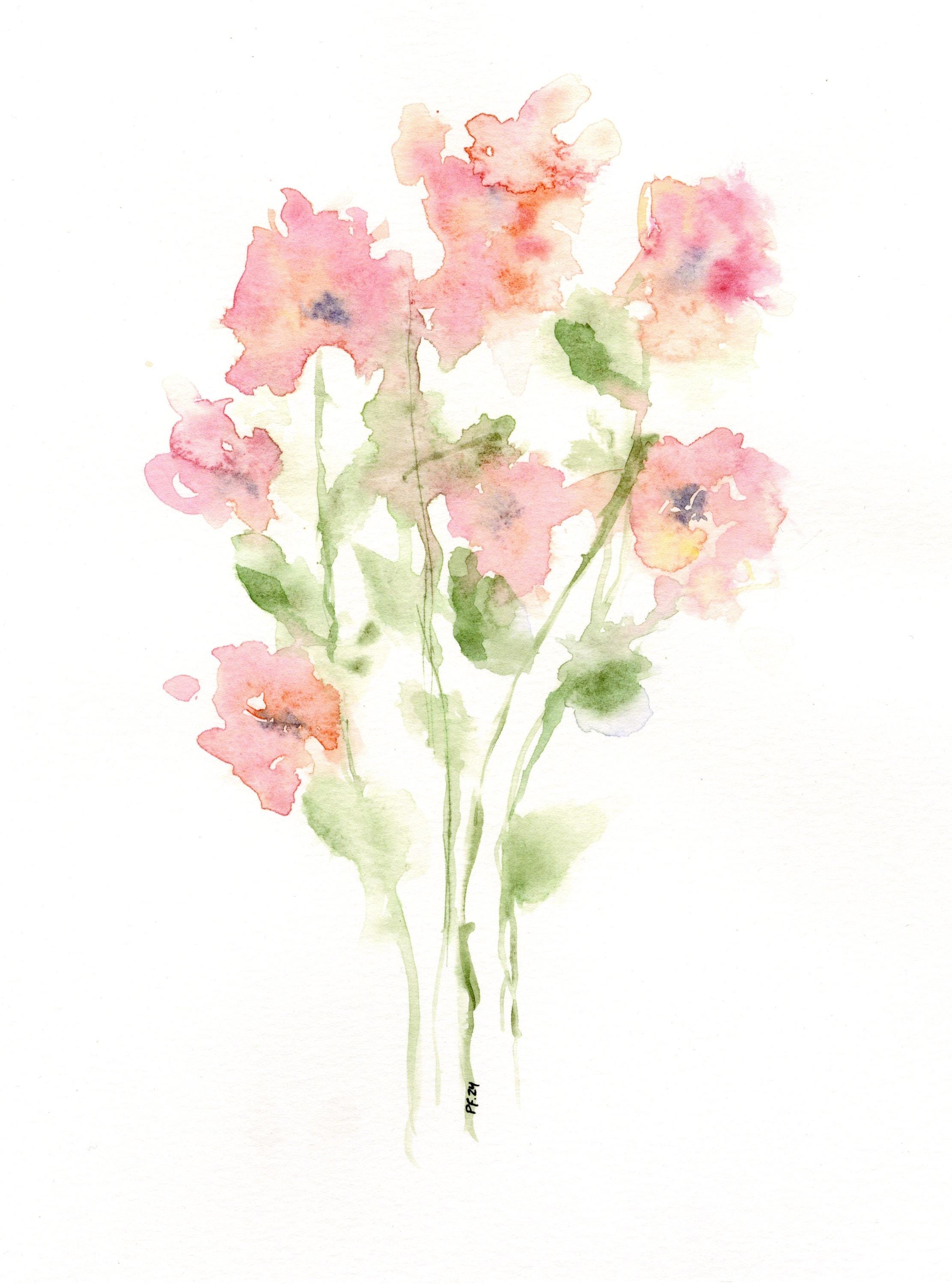 Pink Flower Bouquet Watercolor Painting – 9x12" Giclée Art Print on 100 ...