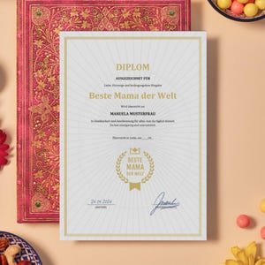 Diplom Beste Mama der Welt | Urkunde Beste Mama | Geburtstagsgeschenk Mama | Digitales Zertifikat zum Ausdrucken (A4)