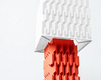 Geometric brutalist table lamp with modular sculpted base and matching shade – modern 3D printed lamp design